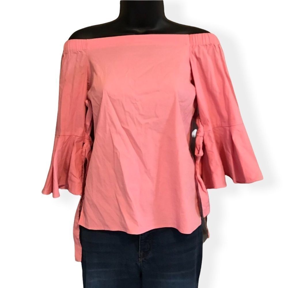 𝅺H&M Pink Bell Sleeve Sheer Ruffle Off Shoulder Blouse